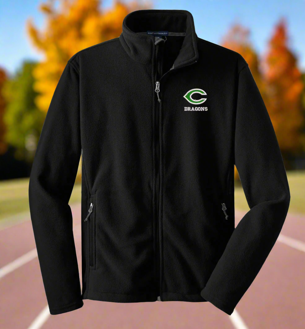 A black fleece jacket with a green logo on the left chest area, featuring a zippered front, open cuffs, and an open hem with drawcord and toggles.