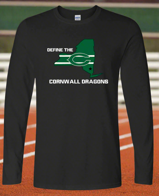 Black long-sleeve shirt with 'Cornwall Dragons' design on a white background