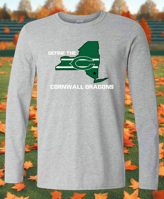 Gray long-sleeve shirt with a graphic of New York state and text 'Define the Cornwall Dragons' on a white background.
