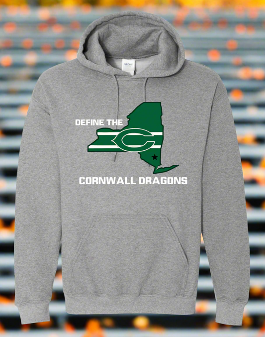 Gray hoodie with Cornwall Dragons logo on a white background