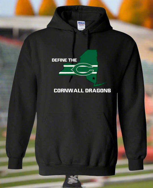 Black hoodie with 'Cornwall Dragons' design on a shelf with sports balls in the background
