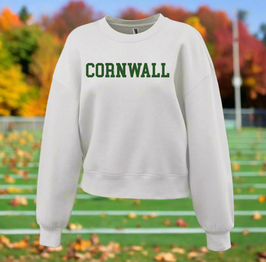White sweatshirt with 'Cornwall' printed in green on a white background