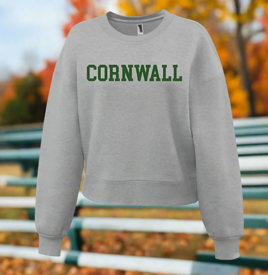 Gray sweatshirt with 'CORNWALL' printed in green on a white background