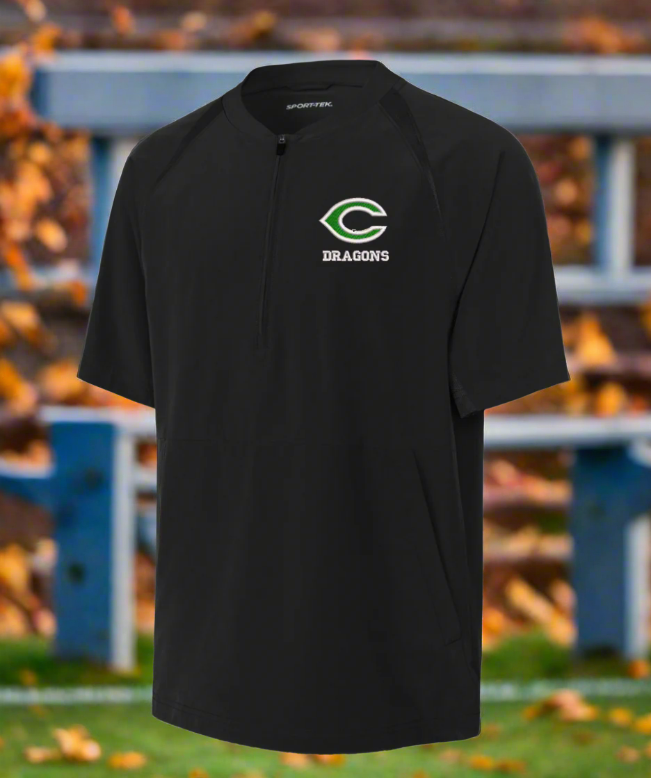 Black short-sleeve shirt with a logo and text on a white background