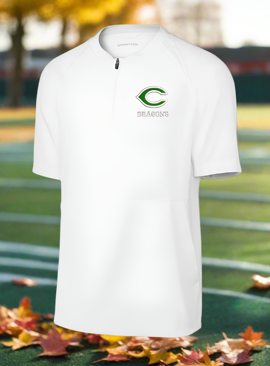 White t-shirt with a green and gray logo on a white background
