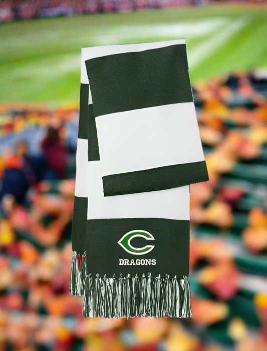 Green and white scarf with a logo and text on a white background
