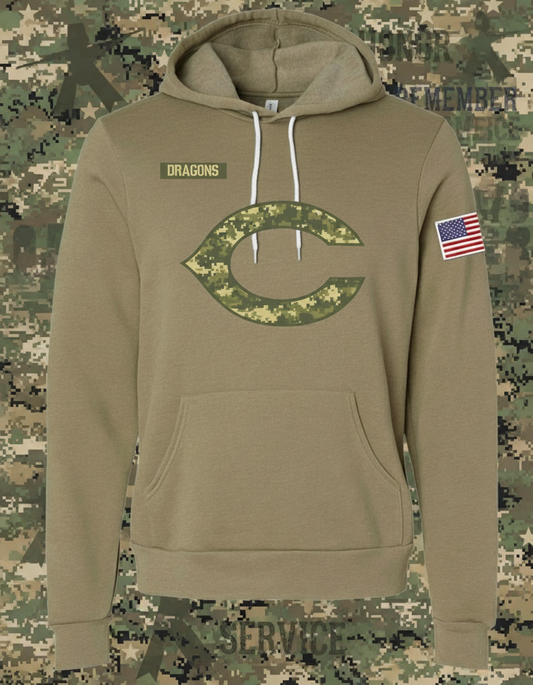 Olive green hoodie with camouflage logo and American flag on sleeve against a white background