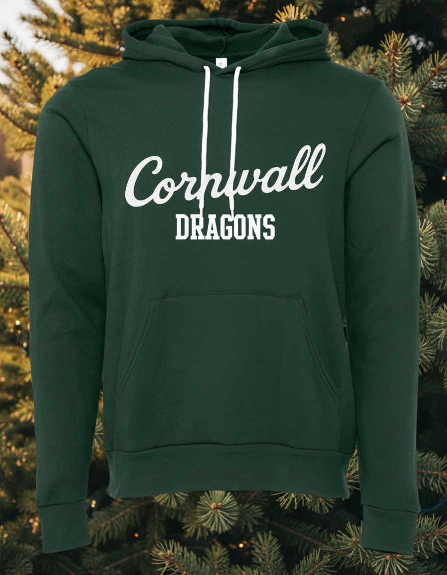 Green hoodie with 'Cornwall Dragons' text on a white background