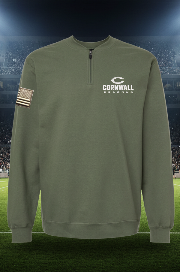 An olive green long-sleeve quarter-zip sweatshirt featuring a white Cornwall Dragons logo on the left chest and a distressed American flag patch on the right sleeve.