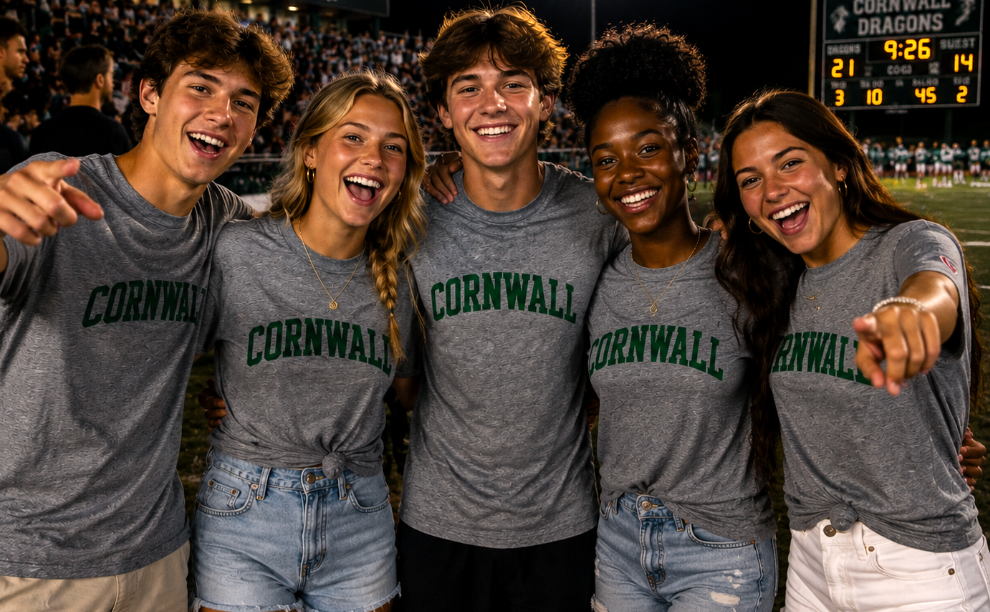 Five young athletes smiling and pointing at the camera, wearing matching heather gray t-shirts with 'CORNWALL' printed in dark green across the chest, standing on a sports field at night.