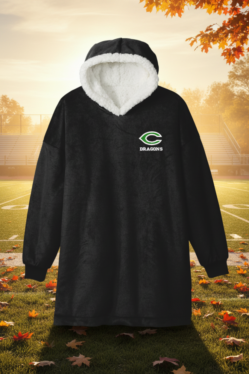 A black fleece hooded sweatshirt with a white sherpa-lined hood and a green and white 'C DRAGONS' logo on the left chest, shown against a plain white background.