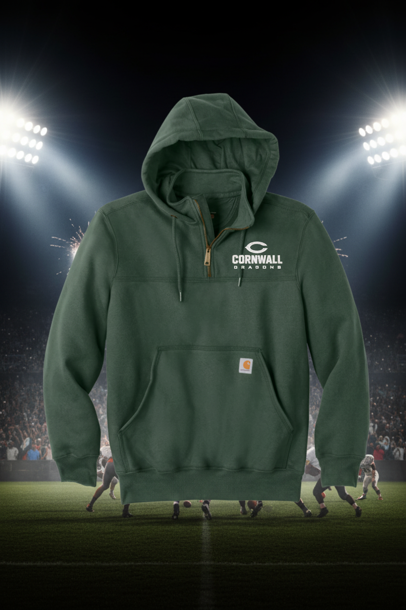 A dark green pullover hoodie with a half-zip neckline, kangaroo pocket, and a white 'CORNWALL SEASONS' logo printed on the left chest. A small Carhartt brand tag is visible on the lower right pocket.