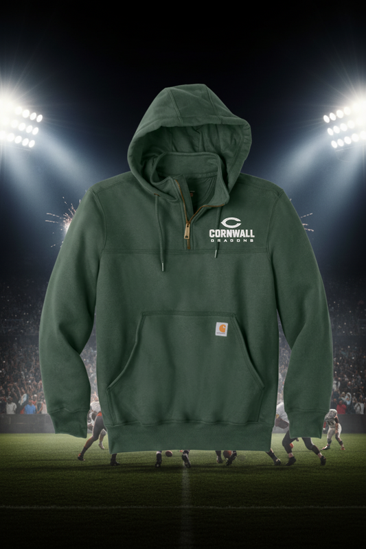 A dark green pullover hoodie with a half-zip neckline, kangaroo pocket, and a white 'CORNWALL SEASONS' logo printed on the left chest. A small Carhartt brand tag is visible on the lower right pocket.