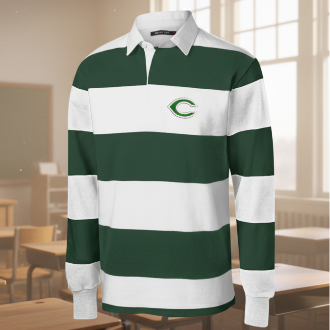 A long-sleeve rugby shirt with horizontal dark green and white stripes, featuring a white collar, a partial button placket, and a green and white 'C' logo on the left chest. The brand 'COLUMBINE' is visible on the inner neck label.