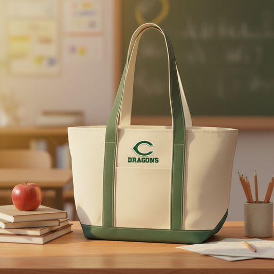 An off-white canvas tote bag with dark green trim, double shoulder straps, and a green embroidered logo on the front pocket that reads 'C DRAGONS'.