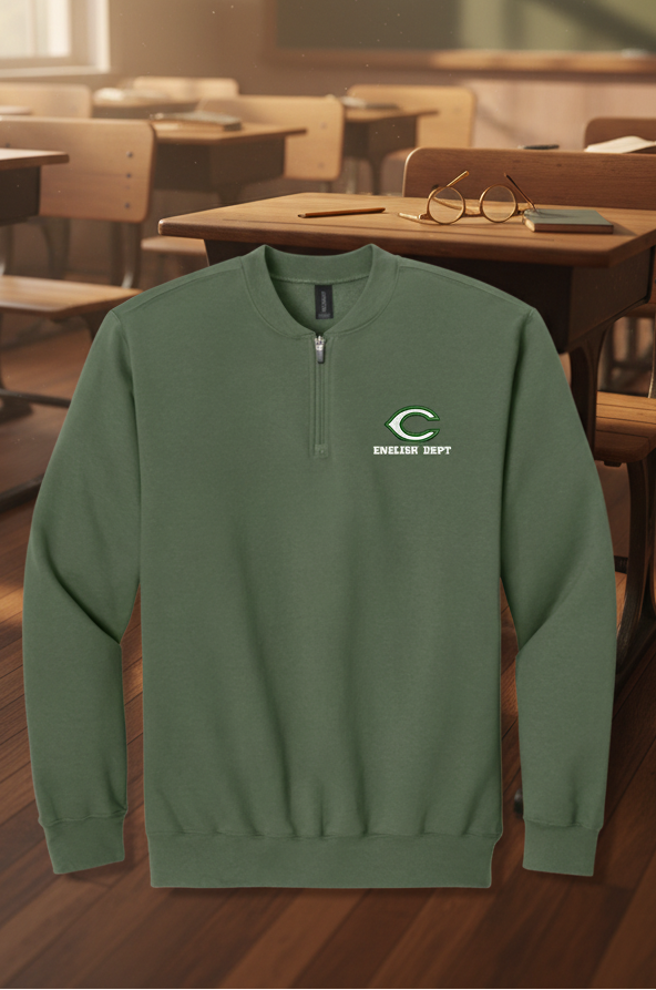 An olive green long-sleeve quarter-zip sweatshirt with a white and green 'C' logo and 'ENGLISH DEPT' text on the left chest, displayed on a clean white background.