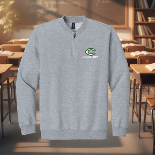 A heather gray quarter-zip sweatshirt with a green and white 'C' logo and the text 'ENGLEND DEPT' on the left chest, displayed on a solid white background.