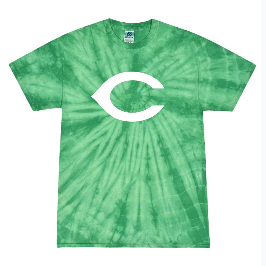 A green tie-dye t-shirt with a white circular 'C' logo on the chest, displayed flat against a white background.