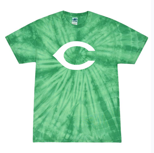 A green tie-dye t-shirt with a white circular 'C' logo on the chest, displayed flat against a white background.