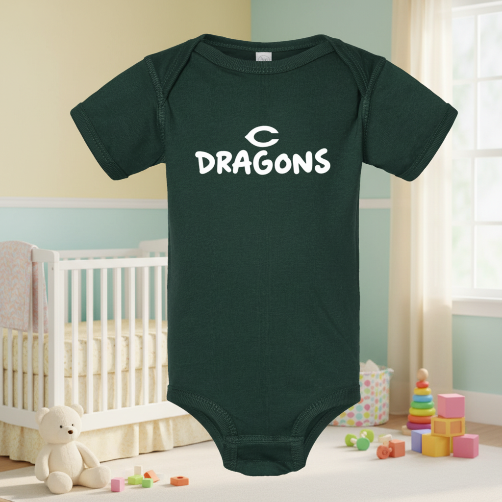 A dark green short-sleeve baby bodysuit with 'C DRAGONS' printed in white across the chest, displayed on a solid white background.