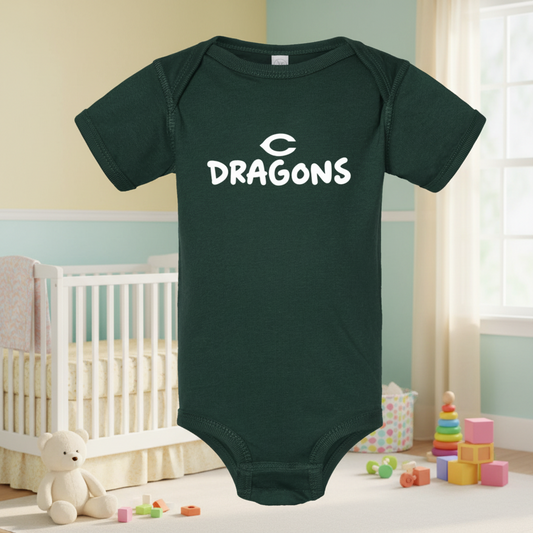 A dark green short-sleeve baby bodysuit with 'C DRAGONS' printed in white across the chest, displayed on a solid white background.